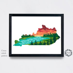 Patrón de punto de cruz moderno del estado de Kentucky PDF, Mapa EE.UU. Gráfico de punto de cruz contado, Paisaje, Puesta de sol, Naturaleza, Bordado, Descarga digital