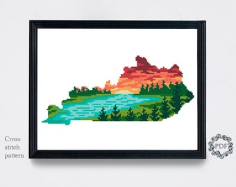 Kentucky State Modern Cross Stitch Pattern PDF, Map USA Counted Cross Stitch Chart, Landscape, Sunset, Nature, Embroidery, Digital Download