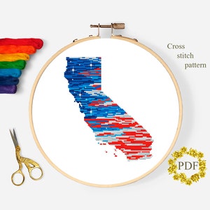 California State Map Modern Cross Stitch Pattern PDF, Flag America Counted Cross Stitch Chart, Stars, Patriotic Embroidery, Digital Download