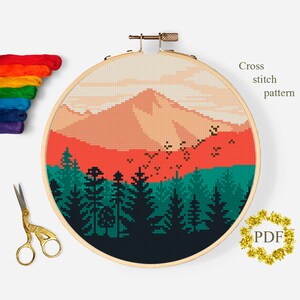 Landscape Modern Cross Stitch Pattern PDF, Mountains Counted Cross Stitch Chart, Nature, Forest, Trees, Hoop Embroidery, Digital Download