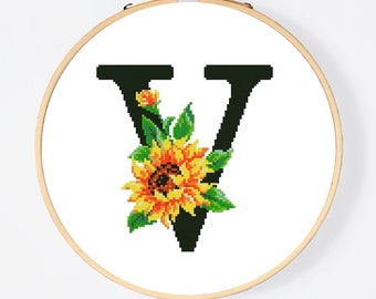 Letter V Modern Cross Stitch Pattern PDF, Monogram Floral Counted Cross Stitch Chart, Flower Sunflower, Ukraine Embroidery, Digital Download