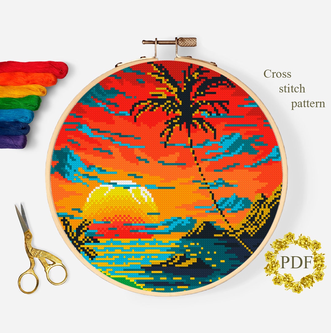 Sea Landscape Modern Cross Stitch Pattern PDF, Sunset Counted Cross ...