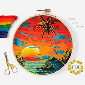Sea Landscape Modern Cross Stitch Pattern PDF, Sunset Counted Cross Stitch Chart, Nature, Ocean, Palm Tree, Hoop Embroidery Digital Download