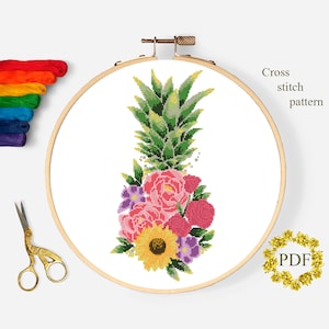 Piña Acuarela Patrón de punto de cruz moderno PDF, Flores Rosas Cuadro de punto de cruz contado, Naturaleza, Bordado floral, Descarga digital