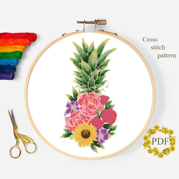 Pineapple Watercolor Modern Cross Stitch Pattern PDF, Flowers Roses Counted Cross Stitch Chart, Nature, Floral Embroidery, Digital Download