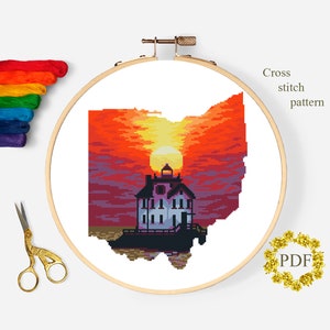 Ohio State Map Modern Cross Stitch Pattern PDF, Landscape Counted Cross Stitch Chart, Nature, Lighthouse, Sunset Embroidery Digital Download