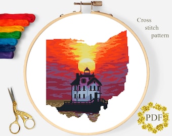 Ohio State Map Modern Cross Stitch Pattern PDF, Landscape Counted Cross Stitch Chart, Nature, Lighthouse, Sunset Embroidery Digital Download