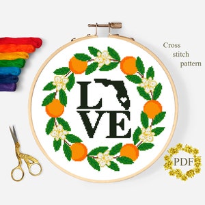 Hou van Florida State Modern Cross Stitch Patroon PDF, Oranjebloesem Geteld Cross Stitch Chart, Bloemen, USA Kaart, Borduren, Digitale Download