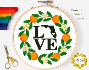 Love Florida State Modern Cross Stitch Pattern PDF, Orange Blossom Counted Cross Stitch Chart, Floral, USA Map, Embroidery, Digital Download