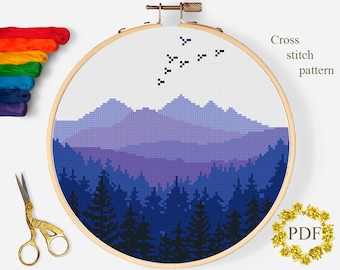 Landscape Modern Cross Stitch Pattern PDF, Mountains Counted Cross Stitch Chart, Forest, Trees, Nature, Hoop Embroidery, Digital Download