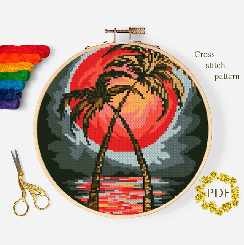 Sea Landscape Modern Cross Stitch Pattern PDF Sunset Counted Etsy