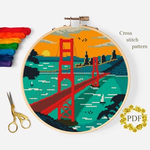 Bridge in San Francisco Modern Cross Stitch Pattern PDF, Landscape Counted Cross Stitch Chart, Nature, River, Embroidery, Digital Download