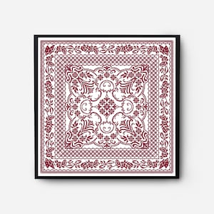May include: A framed cross-stitch design with a burgundy floral pattern on a white background. The design features a central square with intricate floral motifs and a border of roses and leaves.