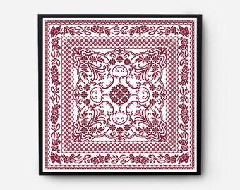 Folk Sampler Modern Cross Stitch Pattern PDF, Monochromatic Flowers Counted Cross Stitch Chart, Pillow, Carpet Embroidery, Digital Download
