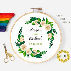 ウェディングリースモダンクロスステッチパターンPDF、記念日結婚カウントクロスステッチチャート、花、花の刺繍、デジタルダウンロード