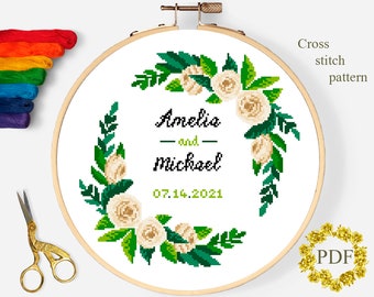 Wedding Wreath Modern Cross Stitch Pattern PDF, Anniversary Marriage Counted Cross Stitch Chart, Flower, Floral Embroidery, Digital Download