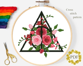 Flowers Roses Modern Cross Stitch Pattern PDF, Floral Counted Cross Stitch Chart, Magic Symbol, Nature, Hoop Art Embroidery Digital Download