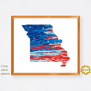 Missouri State Map Modernes Kreuzstichmuster PDF, Kreuzstichdiagramm mit amerikanischer Flagge, Sterne, patriotische Stickerei, digitaler Download
