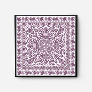 May include: A framed purple and white embroidery design with a floral pattern. The design is symmetrical and features a central square with a repeating pattern of flowers and leaves.