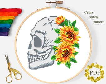 Skull Floral Modern Cross Stitch Pattern PDF, Anatomy Human Counted Cross Stitch Chart, Medical, Sunflower, Hoop Embroidery Digital Download