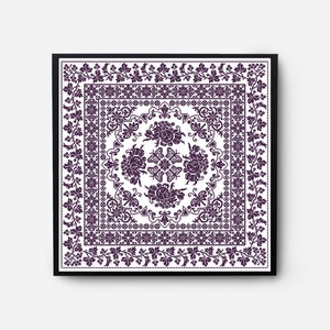 May include: A framed print of a square design with a purple floral pattern on a white background. The design features a central square with four floral motifs, surrounded by a border of smaller floral motifs.