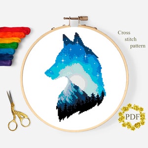 Silhouette Wolf Modern Cross Stitch Pattern PDF, Landscape Counted Cross Stitch Chart, Animal, Stars, Nature Embroidery, Digital Download