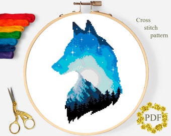 Silhouette Wolf Modern Cross Stitch Pattern PDF, Landscape Counted Cross Stitch Chart, Animal, Stars, Nature Embroidery, Digital Download
