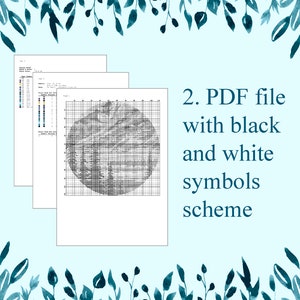 Op de afbeelding: Zwart-wit PDF-bestand met een kruissteekpatroon. Het patroon is een cirkel met een ontwerp erin. De tekst "2. PDF-bestand met zwarte en witte symbolen" staat aan de rechterkant van de afbeelding.