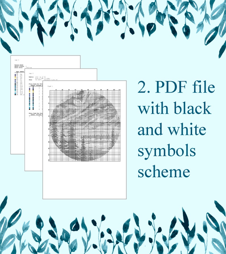 Op de afbeelding: Zwart-wit PDF-bestand met een kruissteekpatroon. Het patroon is een cirkel met een ontwerp erin. De tekst "2. PDF-bestand met zwarte en witte symbolen" staat aan de rechterkant van de afbeelding.