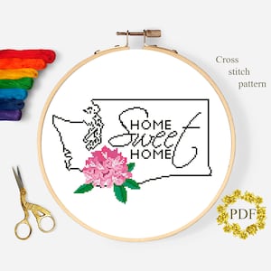 Washington State Flower modernes Kreuzstichmuster PDF, Karte gezählt Kreuzstichvorlage, Rhododendron, Blumen Stickerei, digitaler Download