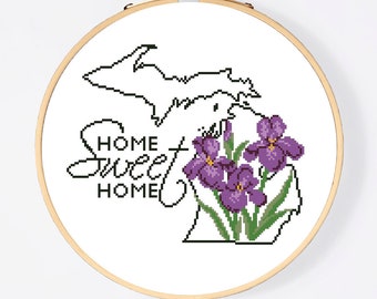 Michigan State Flower Modern Cross Stitch Pattern PDF, USA Map Counted Cross Stitch Chart, Dogwood, Floral Embroidery Digital Download