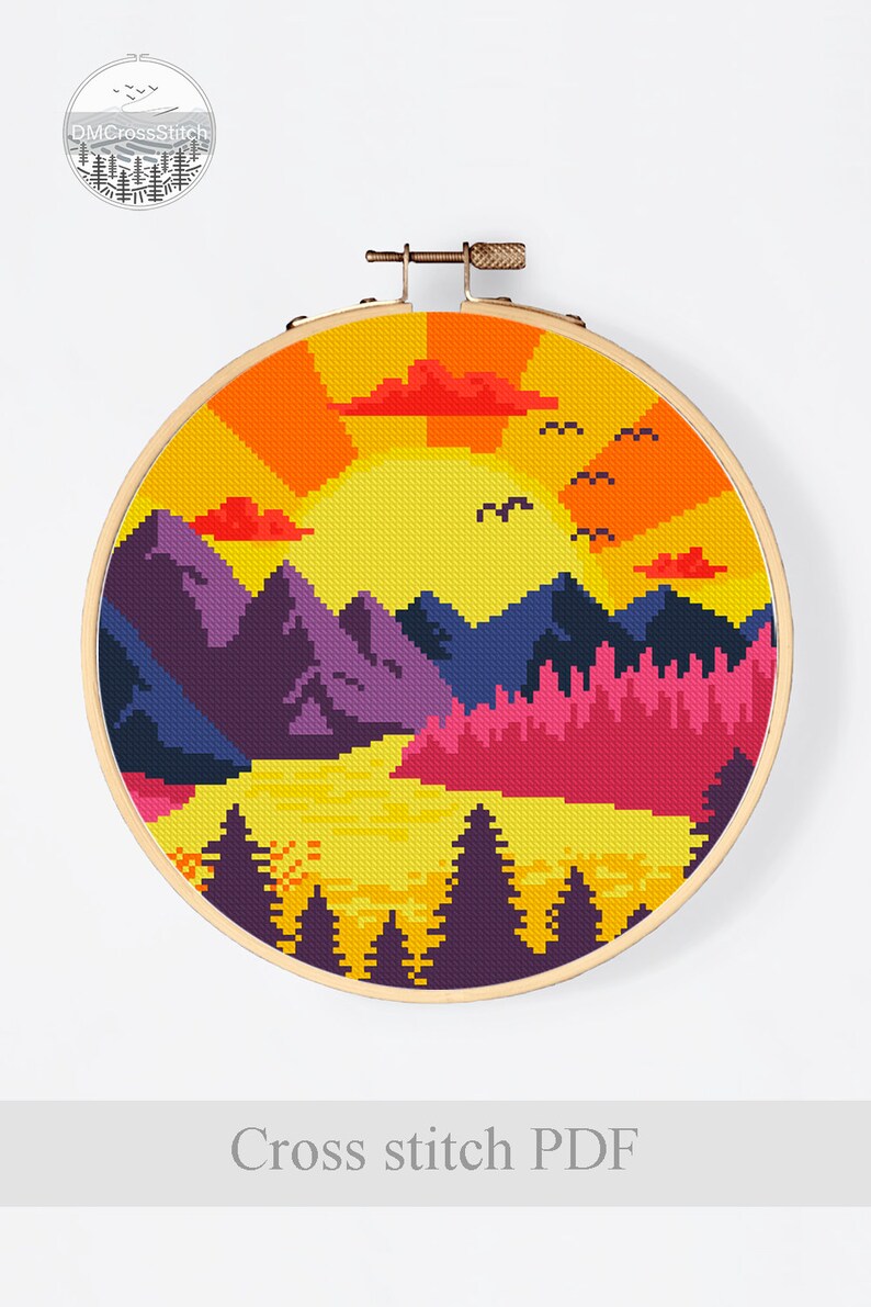 Sunset Landscape Modern Cross Stitch Pattern PDF, Mountains Counted ...