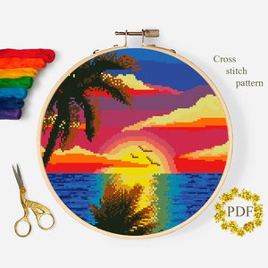 Sea Landscape Modern Cross Stitch Pattern PDF, Sunset Counted Cross Stitch Chart, Nature, Ocean, Palm Trees, Embroidery, Digital Download