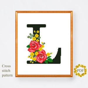 Letra L Moderno Padrão de Ponto Cruz PDF, Monograma Floral Contado Gráfico de Ponto Cruz, Flores Rosas, Bordado de Arte em Argola, Download Digital