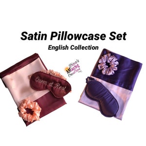 May include: Two satin pillowcase sets with matching sleep masks and hair scrunchies. The set on the left is burgundy and pink with a sleep mask that says "Queen at Rest". The set on the right is purple and lavender with a plain sleep mask.