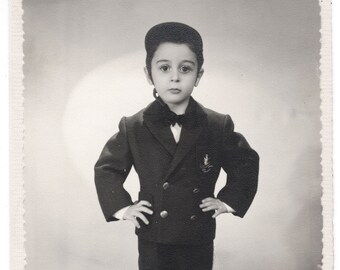 funny child portrait Vintage boy photo Greece Greek little boy in school uniform tunic children found snapshot *6022F boys and girls