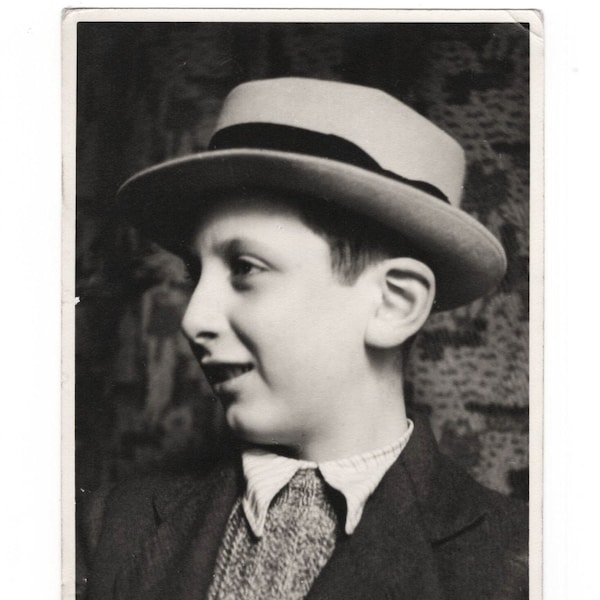 Little boy photo, 1940's young gentleman in fun hat, teenager in suit, funny children, vintage snapshot photo, Rome Italy *9492bF