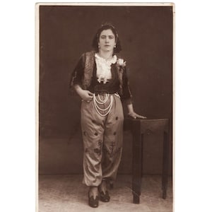 Antique snapshot photo - Greece beautiful Greek woman in FOLK DRESS - fashion history - weird funny strange photo RPPC +6119