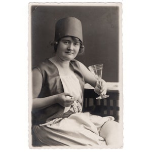 Antique snapshot photo - 1920's Germany beautiful girl w champagne glass- fashion history - weird funny strange photo RPPC +4851