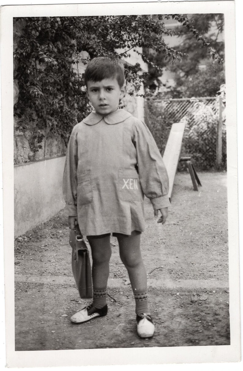 funny child portrait Vintage boy photo Greece Greek little boy in school uniform tunic children found snapshot *6022F boys and girls