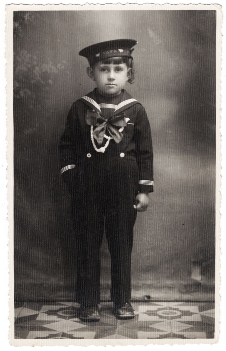 funny child portrait Vintage boy photo Greece Greek little boy in school uniform tunic children found snapshot *6022F boys and girls