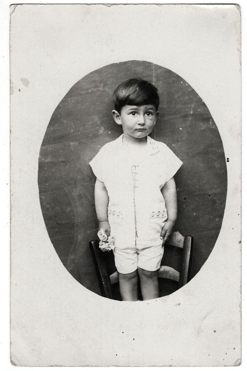 funny child portrait Vintage boy photo Greece Greek little boy in school uniform tunic children found snapshot *6022F boys and girls