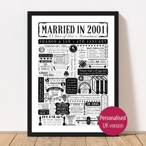 Married in 2001 Print | Personalised 25th Silver Wedding Anniversary Gift | Year You Were Married Poster | Custom Party Decor