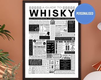 May include: A framed black and white print titled "A Guide to Whisky." The print features detailed information about whisky, including types, production, and tasting notes. A blue circle with the word "Personalised" is on the right side.