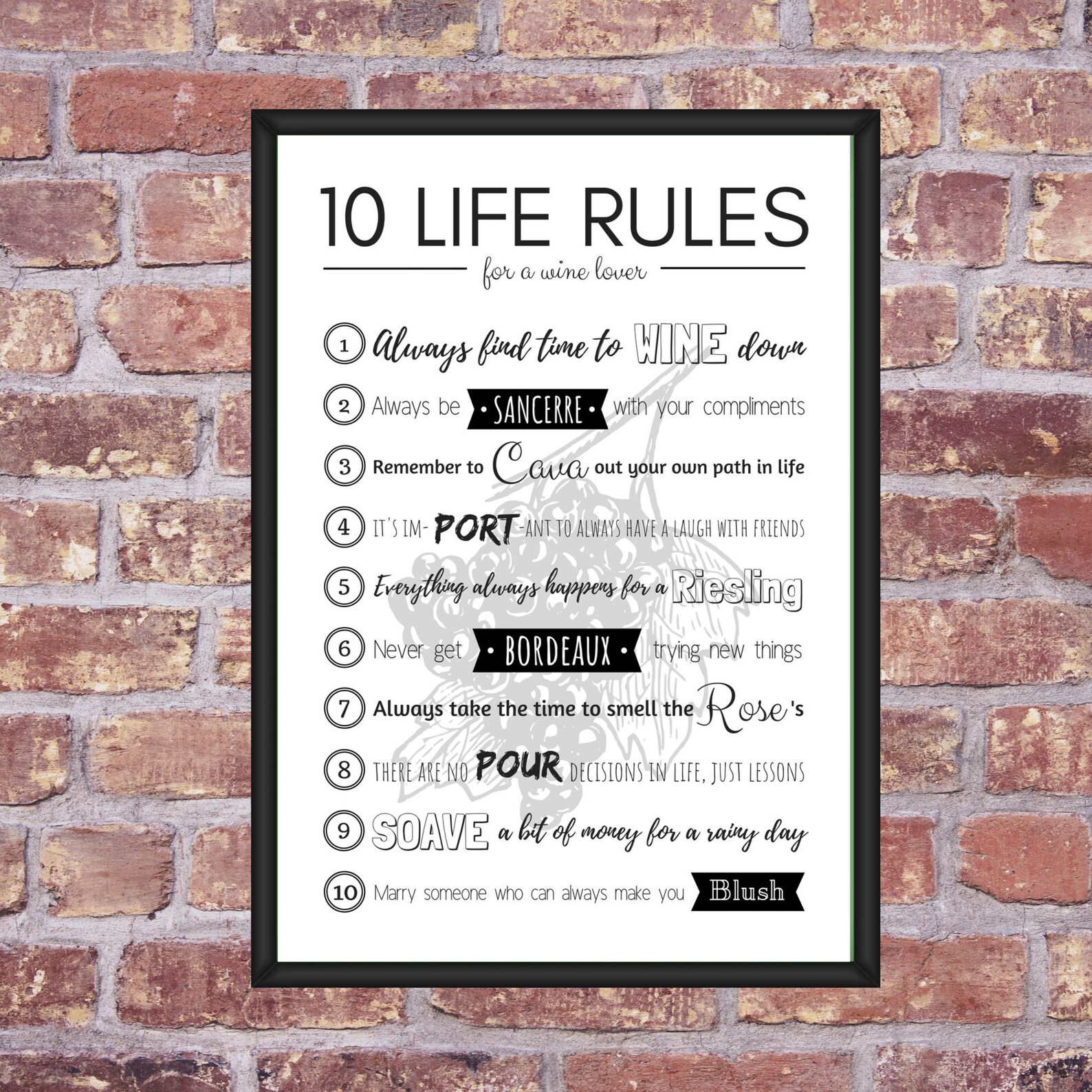 10 Life Rules For A Wine Lover Funny Wall Poster Typography Etsy