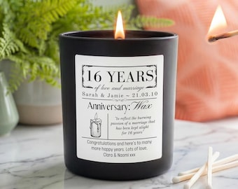 Personalised 16th Wax Wedding Anniversary Candle | Custom Names & Date Gift | Vegan Soy Wax Candle | 16 Years Married Present