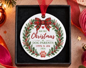 Personalised Dog Parents Christmas Bauble, First Christmas With Dog Ornament, Dog Mum and Dad Gift, New Dog Owner Keepsake
