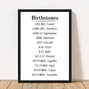 May include: A black and white printable chart listing the birthstones for each month of the year. The chart includes the months January through December and their corresponding birthstones.