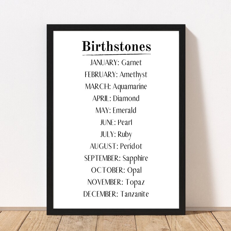 May include: A black and white printable chart listing the birthstones for each month of the year. The chart includes the months January through December and their corresponding birthstones.