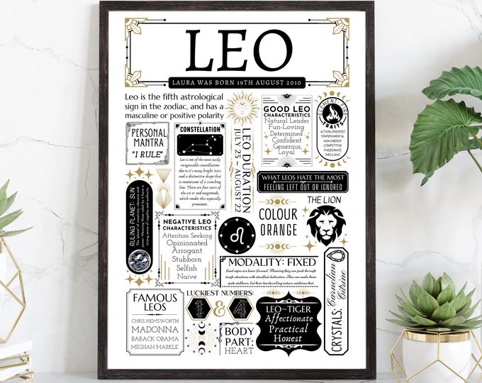 Personalised Leo Star Sign Print | Horoscope Birthday Gift | Astrology Zodiac Poster | Gifts for her - A4 Frame & Gift Option